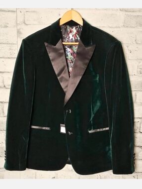 JH Design Green Velvet Tuxedo Blazer Floral Lining 44R Mens - NWT